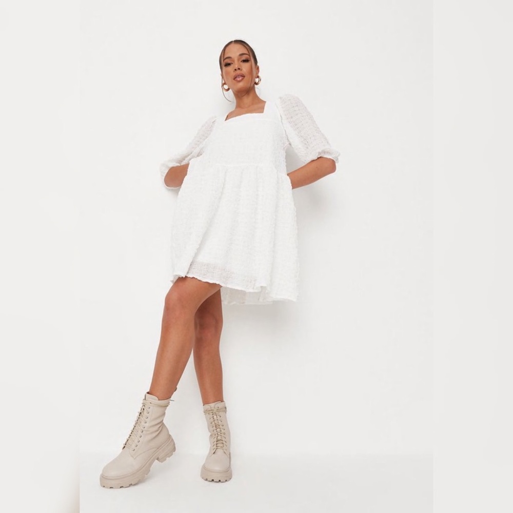 Missguided White Crinkle Square Neck Smock Dress